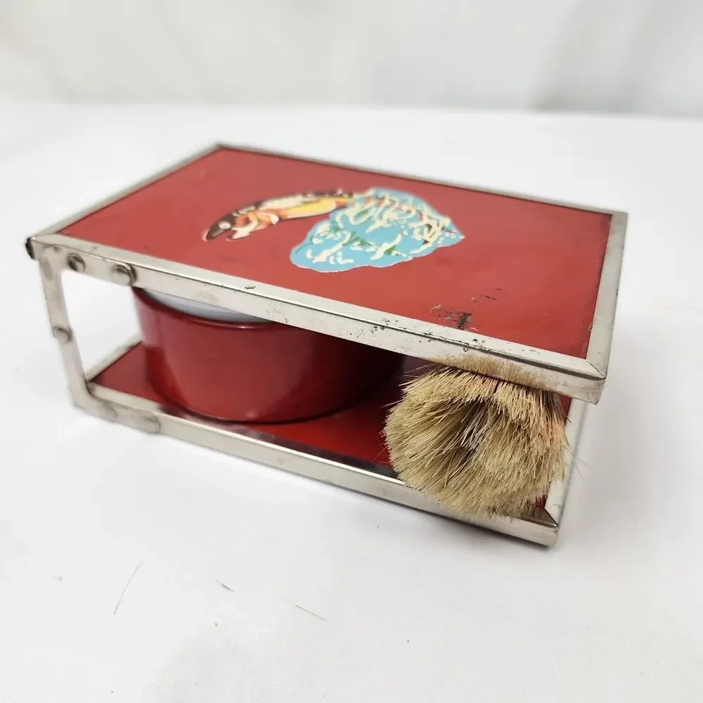 Vintage Red Metal Folding Travel Shaving Kit w/ Brush Bowl & Mirror Fish / Water